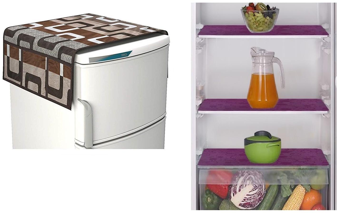 

Goel Home Decor decorative quality combo of Fridge Cover and Fridge Mats-Set of 4