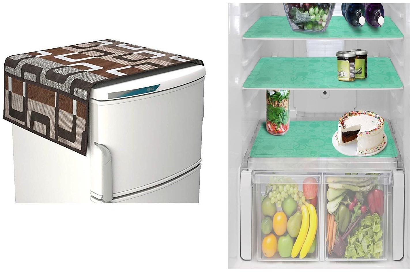 

Goel Home Decor decorative quality combo of Fridge Cover and Fridge Mats-Set of 4