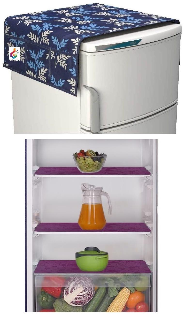 

Goel Home Decor decorative quality combo of Fridge Cover and Fridge Mats-Set of 4