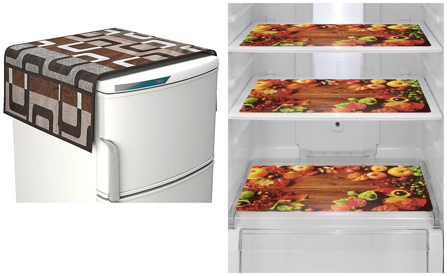 

Goel Home Decor decorative quality combo of Fridge Cover and Fridge Mats-Set of 4