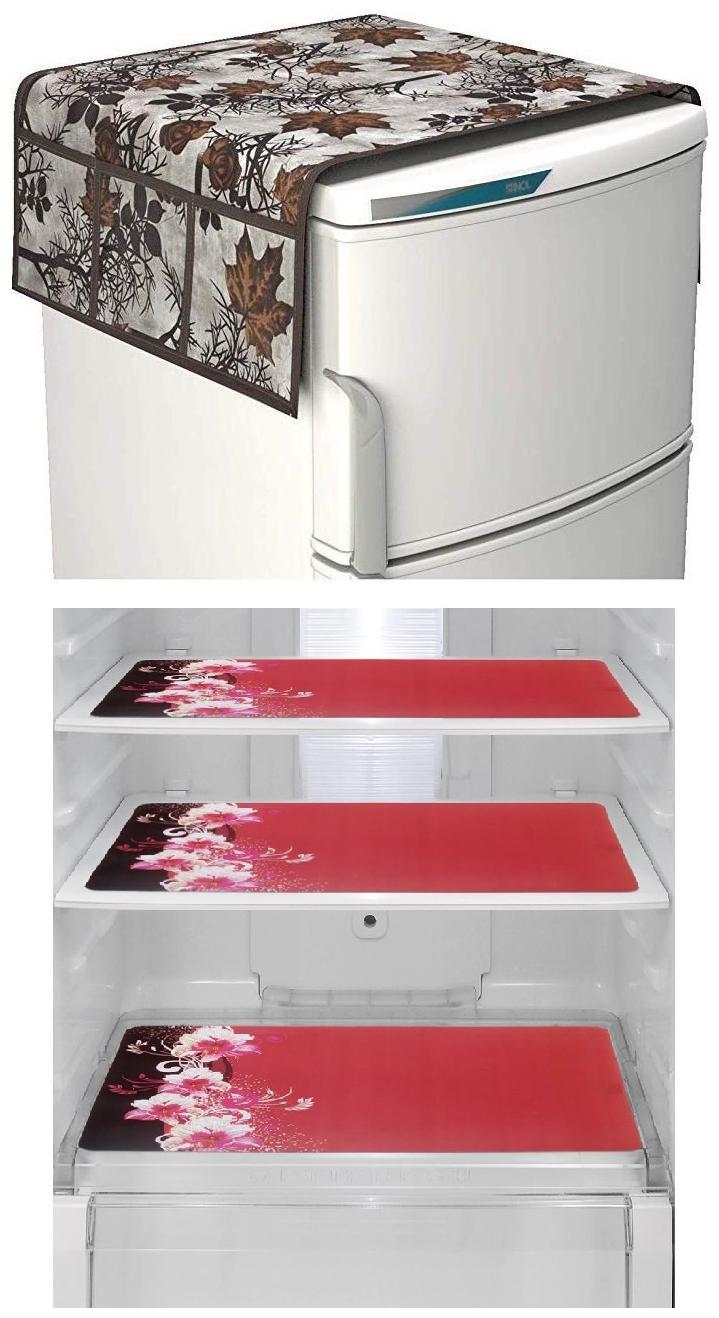 

Goel Home Decor decorative quality combo of Fridge Cover and Fridge Mats-Set of 4