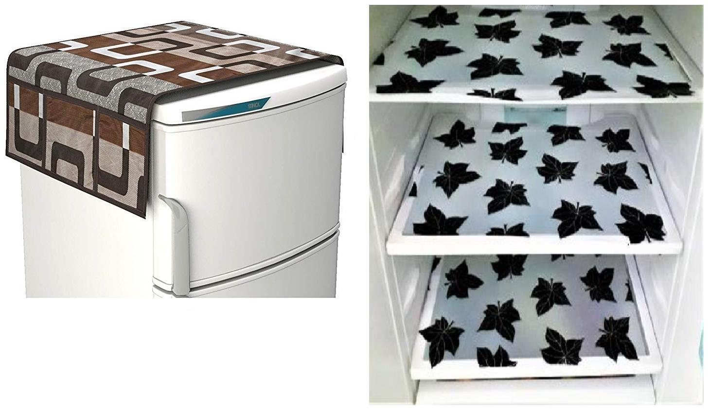 

Goel Home Decor decorative quality combo of Fridge Cover and Fridge Mats-Set of 4