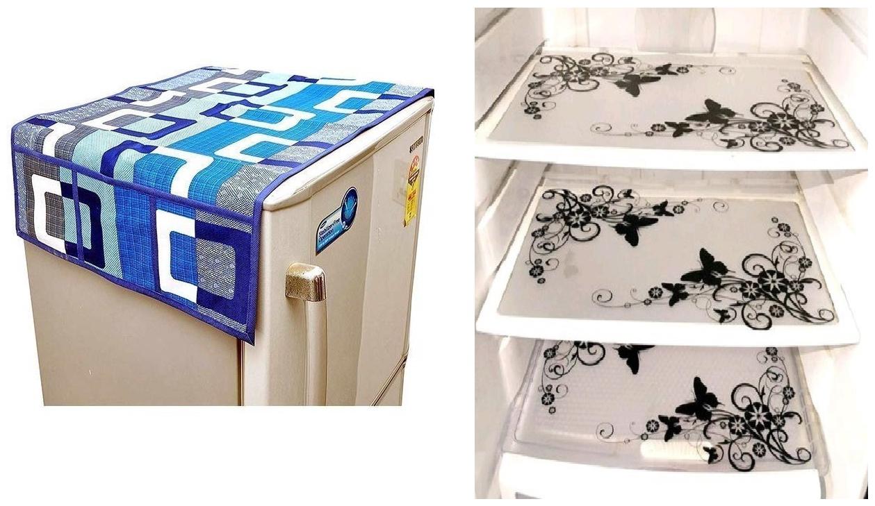 

Goel Home Decor decorative quality combo of Fridge Cover and Fridge Mats-Set of 4