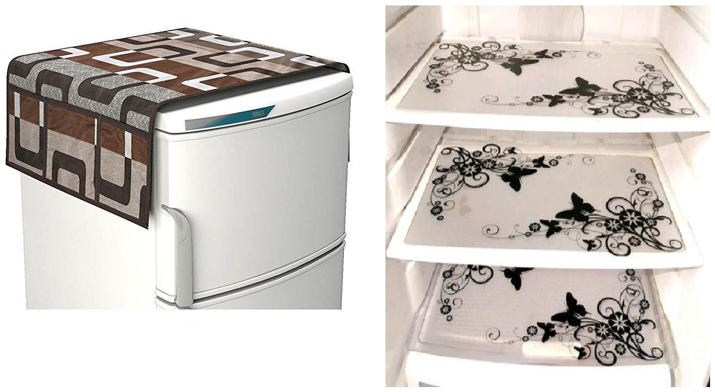 

Goel Home Decor decorative quality combo of Fridge Cover and Fridge Mats-Set of 4