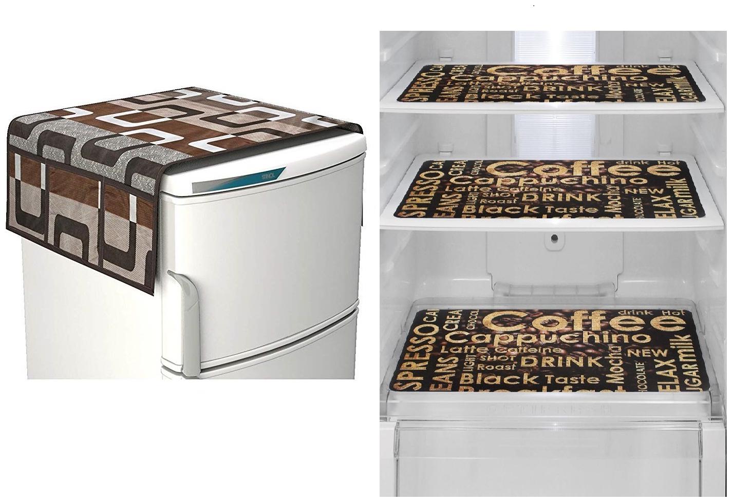 

Goel Home Decor decorative quality combo of Fridge Cover and Fridge Mats-Set of 4