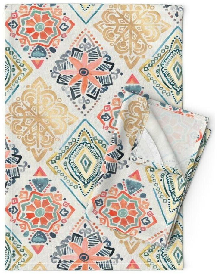 

Gold And Blue Floral Daimond Linen Cotton Tea Towels by Roostery Set of 2