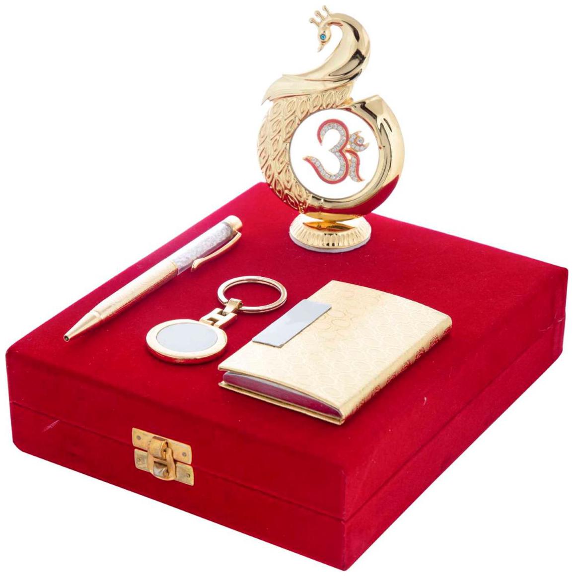 

Gold Plated Blue Pen Business Card Holder KeyRing And Peacock Shape Om God Idol Car Dashboard and Home Temple