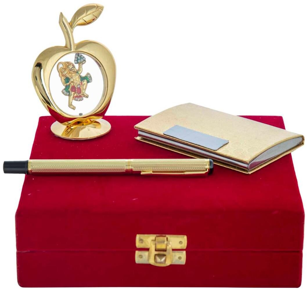 

Gold Plated Blue Pen With Business Card Holder And Gold Plated Apple Shape Hanuman Ji God Idol Car Dashboard and Home Temple