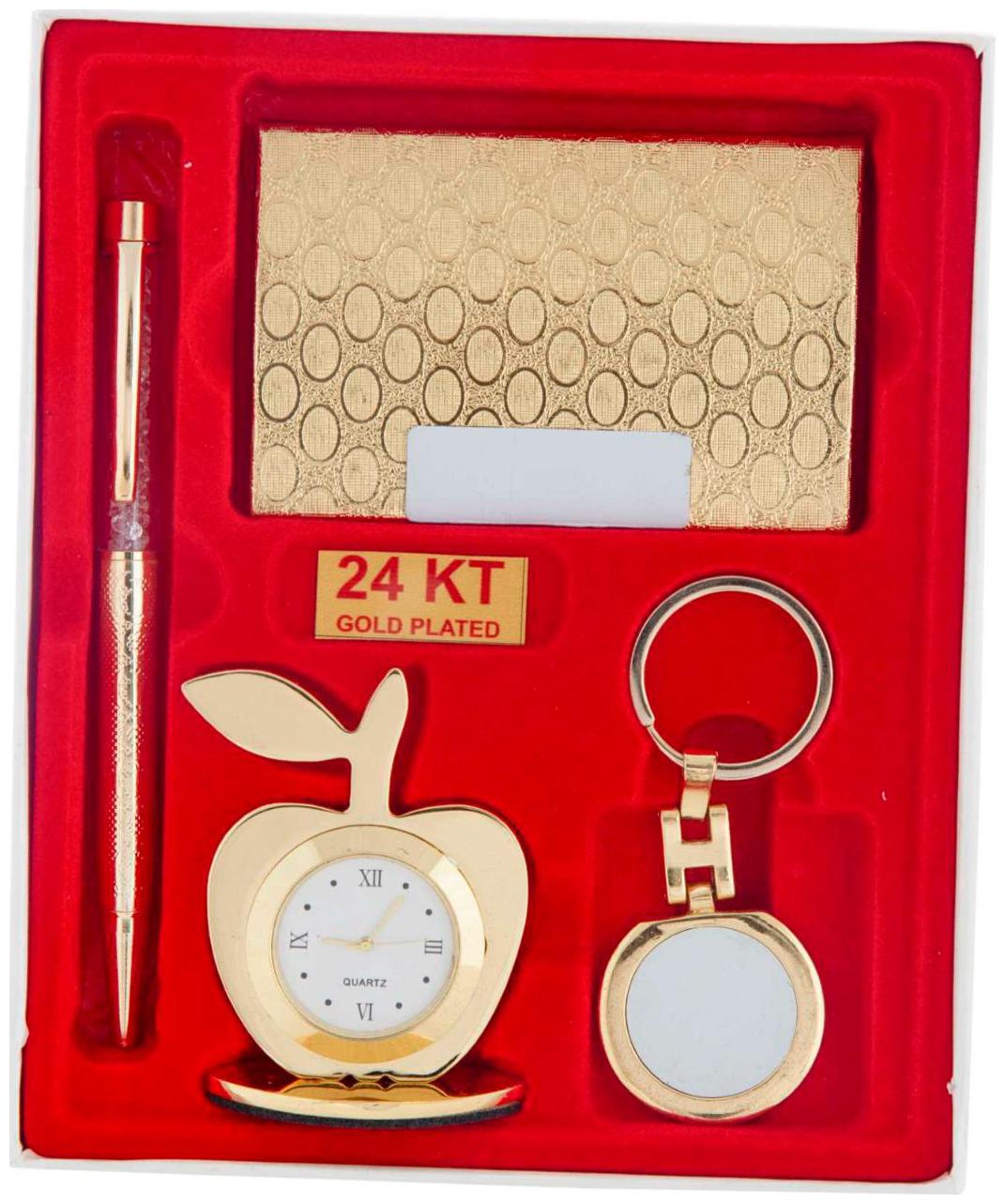 

Gold Plated Blue Pen With Business Card Holder And Gold Plated Apple Shape Clock And Gold Plated KeyRing