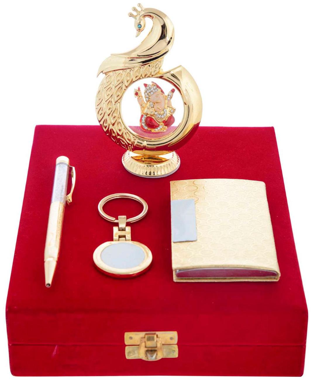 

Gold Plated Blue Pen Business Card Holder KeyRing And Peacock Shape Ganesh Pagdi God Idol Car Dashboard and Home Temple