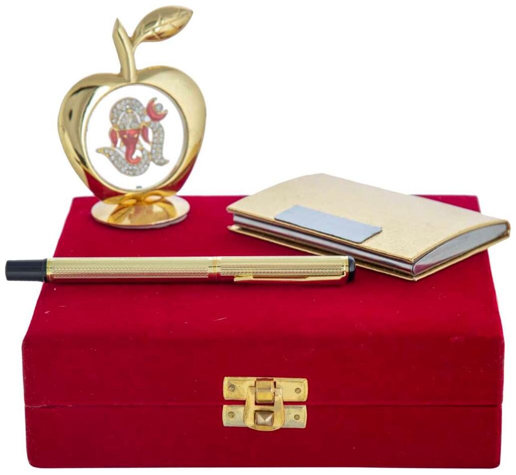 

Gold Plated Blue Pen With Business Card Holder And Gold Plated Apple Shape Om Ganesh God Idol Car Dashboard and Home Temple