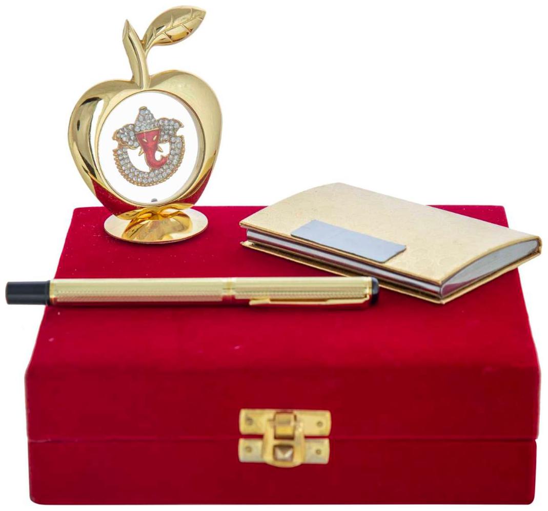 

Gold Plated Blue Pen With Business Card Holder And Gold Plated Apple Shape Ganesh God Idol Car Dashboard and Home Temple