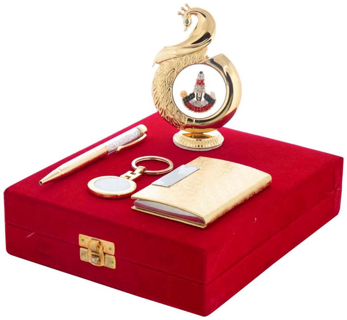 

Gold Plated Blue Pen Business Card Holder KeyRing And Peacock Shape Tirupati Balaji God Idol Car Dashboard and Home Temple