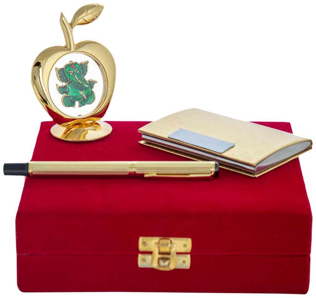 

Gold Plated Blue Pen With Business Card Holder And Gold Plated Apple Shape Leaf Ganesh God Idol Car Dashboard and Home Temple