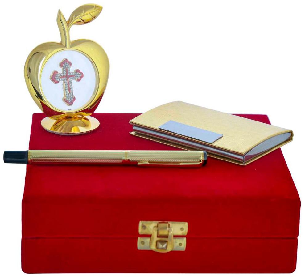 

Gold Plated Blue Pen With Business Card Holder And Gold Plated Apple Shape Jesus Christ God Idol Car Dashboard and Home Temple