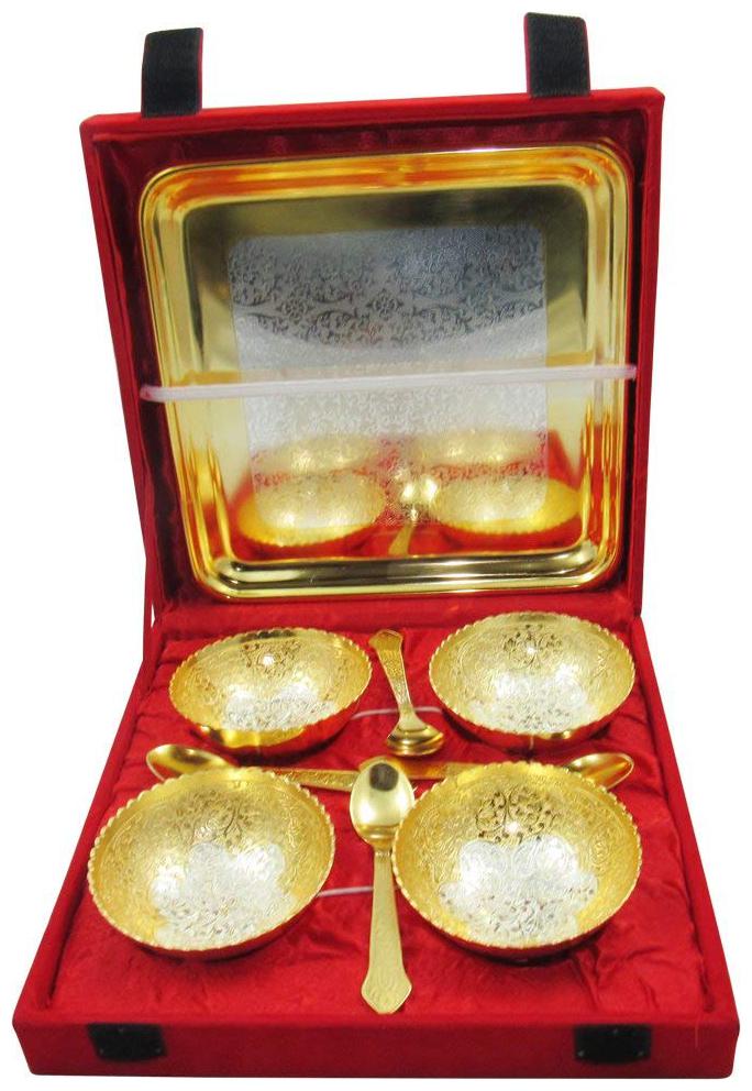 

Gold Plated Bowl with Spoon and Tray (Set of 9 Pics Gold) with Velvet Box Packing