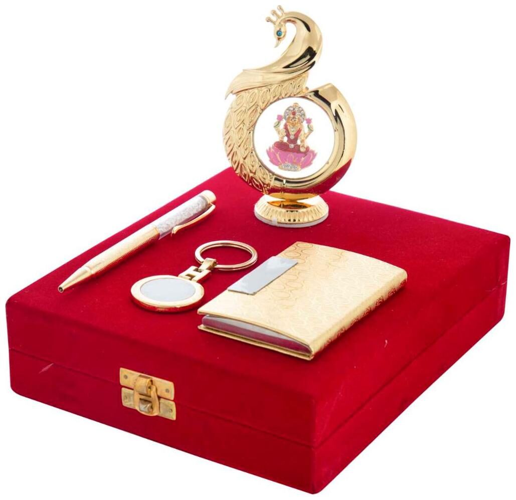 

Gold Plated Blue Pen Business Card Holder KeyRing And Peacock Shape Laxmi God Idol Car Dashboard and Home Temple