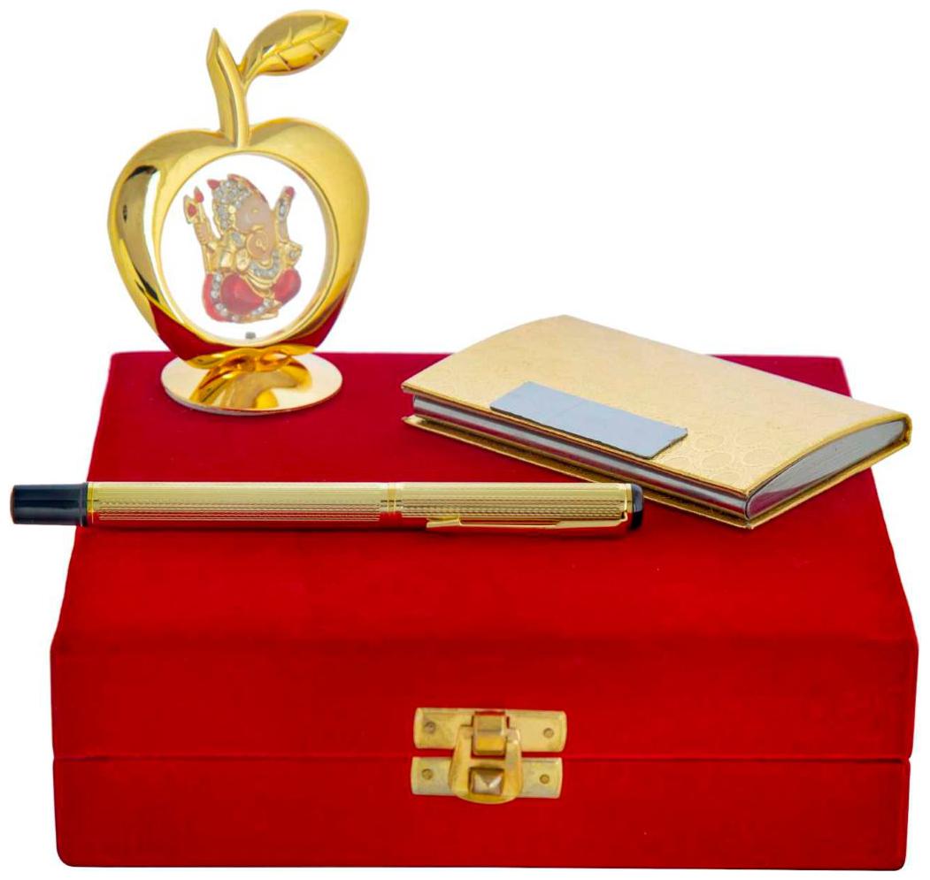 

Gold Plated Blue Pen With Business Card Holder And Gold Plated Apple Shape Pagdi Ganesh God Idol Car Dashboard and Home Temple