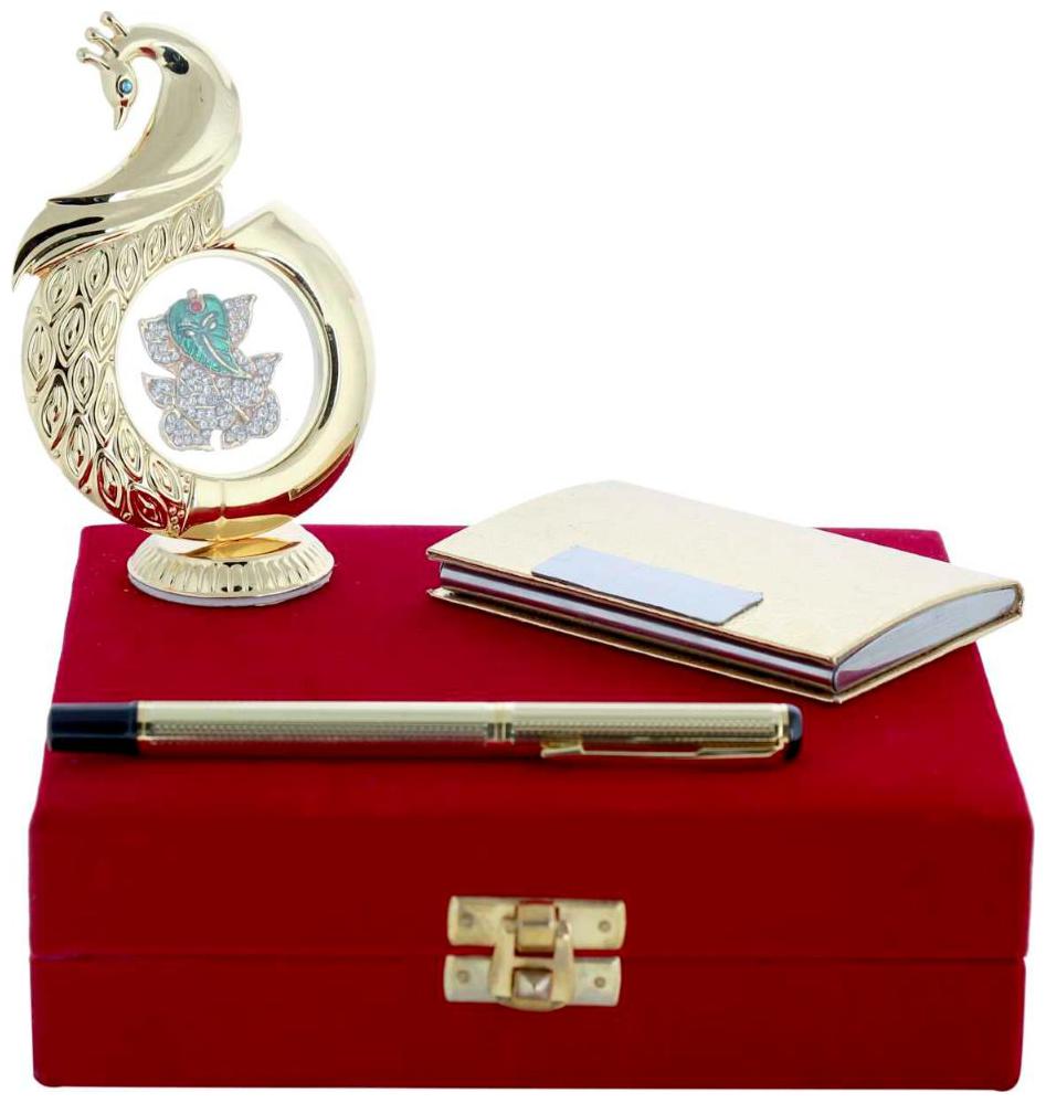 

Gold Plated Blue Pen With Business Card Holder And Gold Plated Peacock Shape Diamond Ganesh God Idol Car Dashboard and Home Temple