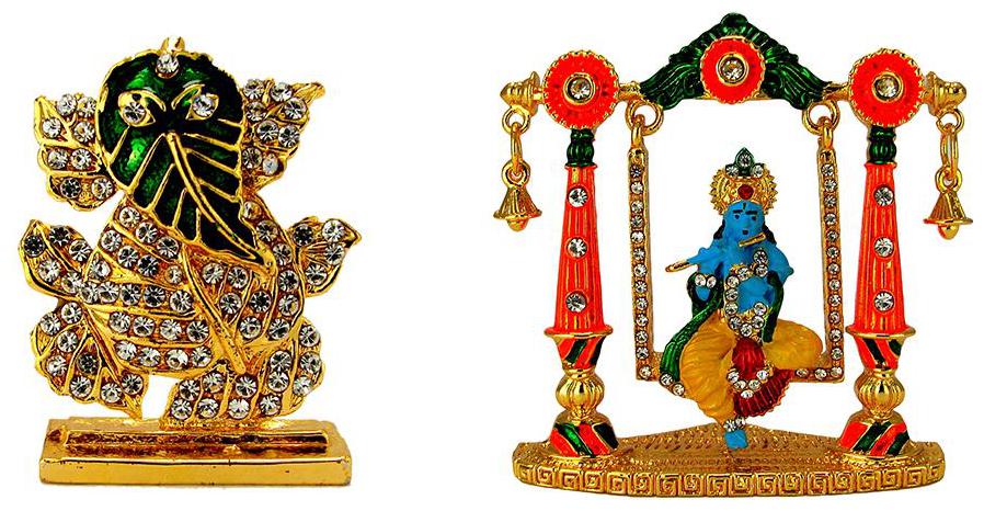 

Gold Plated Lord Ganesha Ganesh Gold Plated Lord Krishna Murlidhar on Swing Electroplated Religious Idol-Statue for Vastu Gift and Car