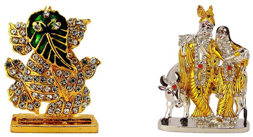 

Gold Plated Lord Ganesha Ganesh Radha Krishna with Cow Electroplated Religious Idol-Statue for Vastu Gift and Car