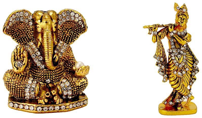

Gold Plated Lord Ganesha Ganesh Oxidised Antique Gold Plated Lord Krishna Murlidhar Oxidised Antique Electroplated Religious Idol-Statue for Vastu Gift and Car