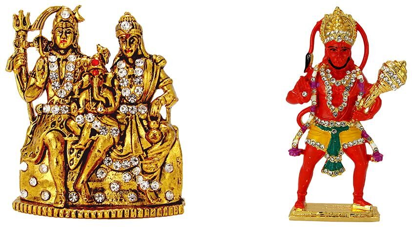 

Gold Plated Lord Shiva Family Shiv Parivar God Ganesha Oxidised Antique Gold Plated Lord Hanuman Bajrang Bali Bajarangi Electroplated Religious Idol-Statue for Vastu Gift and Car
