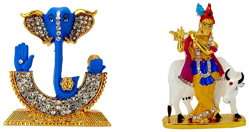 

Gold Plated Lord Ganesha Face Ganesh Gold Plated Lord Krishna Murlidhar with Cow Electroplated Religious Idol-Statue for Vastu Gift and Car