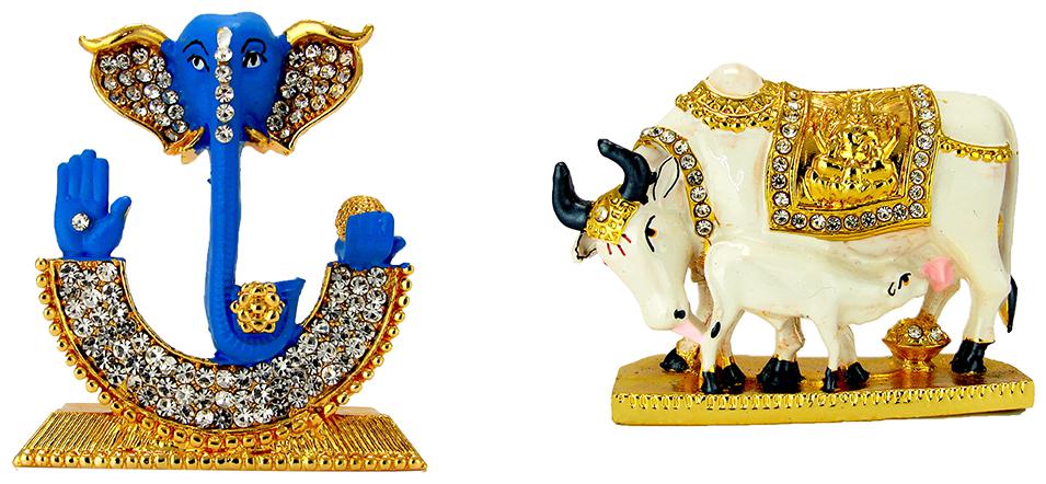 

Gold Plated Lord Ganesha Face Ganesh Gold Plated Kamdhenu Cow Calf Electroplated Religious Idol-Statue for Vastu Gift and Car