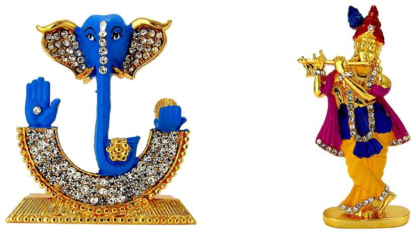 

Gold Plated Lord Ganesha Face Ganesh Silver Plated Lord Krishna Murlidhar Oxidised Antique Electroplated Religious Idol-Statue for Vastu Gift and Car