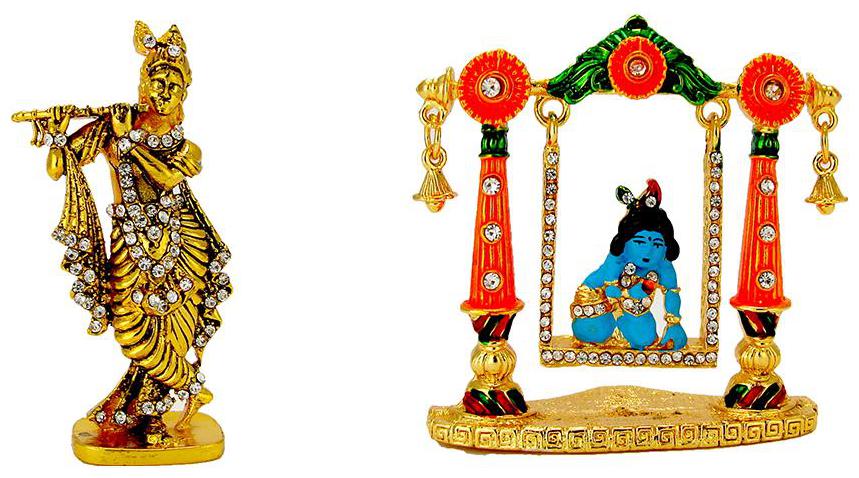 

Gold Plated Lord Krishna Murlidhar Oxidised Antique Gold Plated Lord Krishna Laddu Gopal on Swing Electroplated Religious Idol-Statue for Vastu Gift and Car