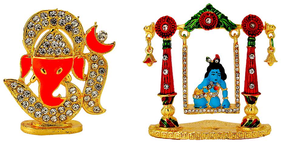 

Gold Plated Om with Lord Ganesha Gold Plated Lord Krishna Laddu Gopal on Swing Electroplated Religious Idol-Statue for Vastu Gift and Car