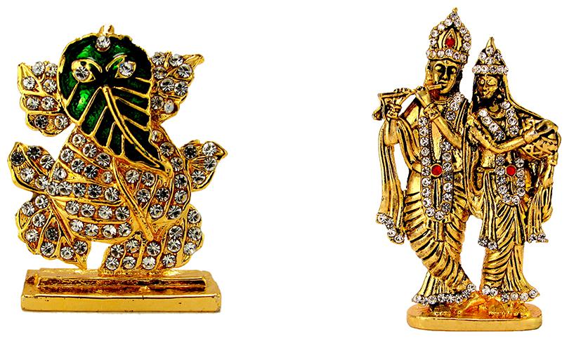

Gold Plated Lord Ganesha Ganesh Gold Plated Radha Krishna Oxidised Antique Electroplated Religious Idol-Statue for Vastu Gift and Car