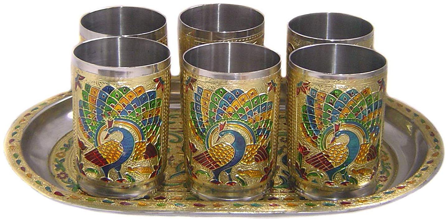 

Golden peacock steel glass set of 6 Tray