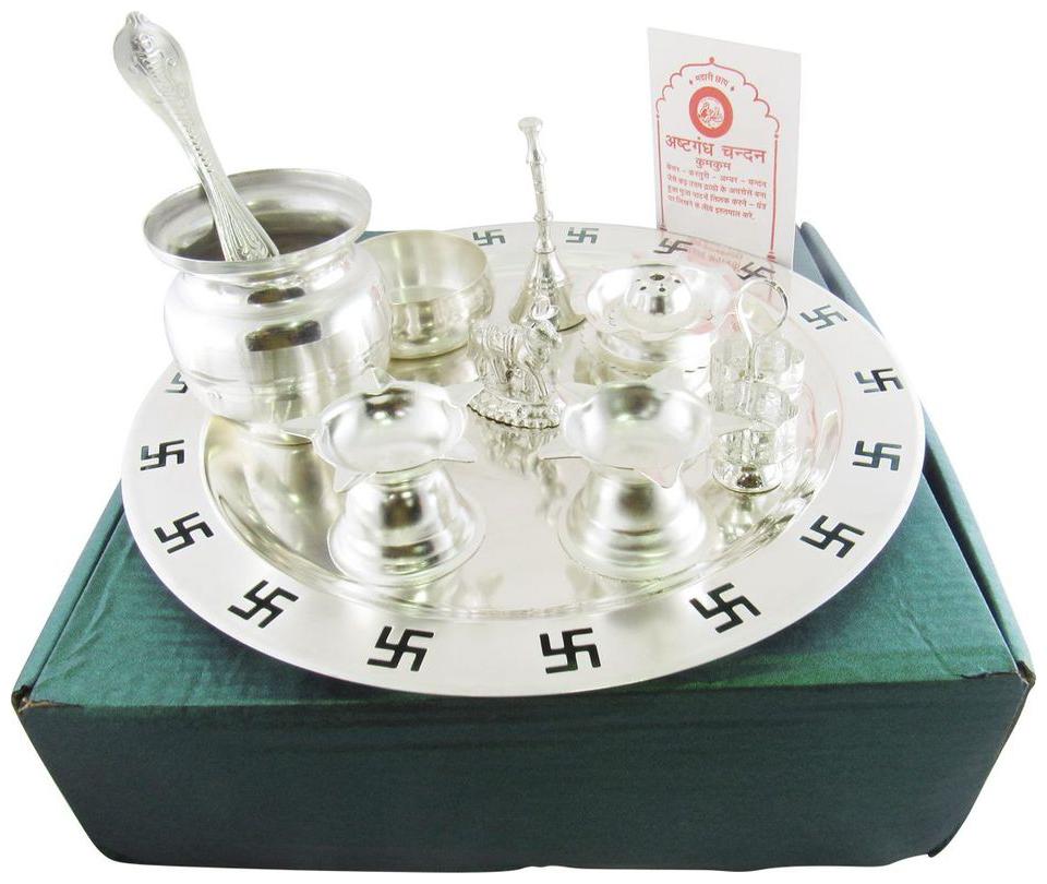 

GoldGiftIdeas 22 86 cm (9 inch) Swastik Silver Plated Pooja Thali Set with Free Ashtgandh Chandan and Small Cow Idol Return Gift Pooja Thali Decorative Wedding Gift