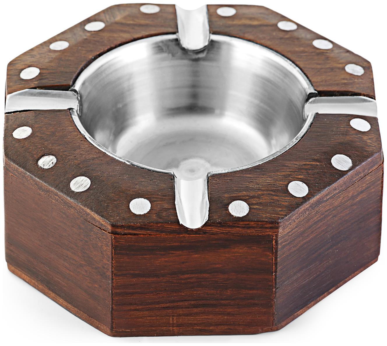 

GoodsHawk Impex Wooden Ash Tray Brown Colour Steel Cavity 4 Cigerrate Slots Stylish Octagonal Shape