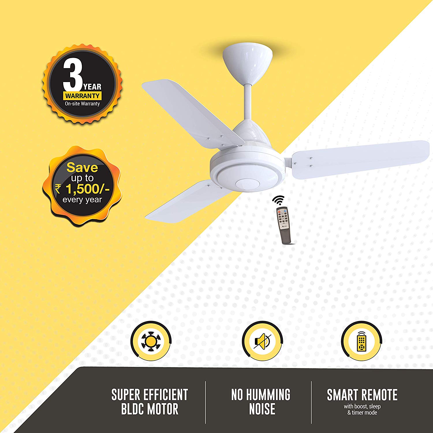 

Atomberg Efficio Energy Saving 5 Star Rated with Remote Control and BLDC Motor 900 mm Decorative Ceiling Fan ( White Pack of 1 )
