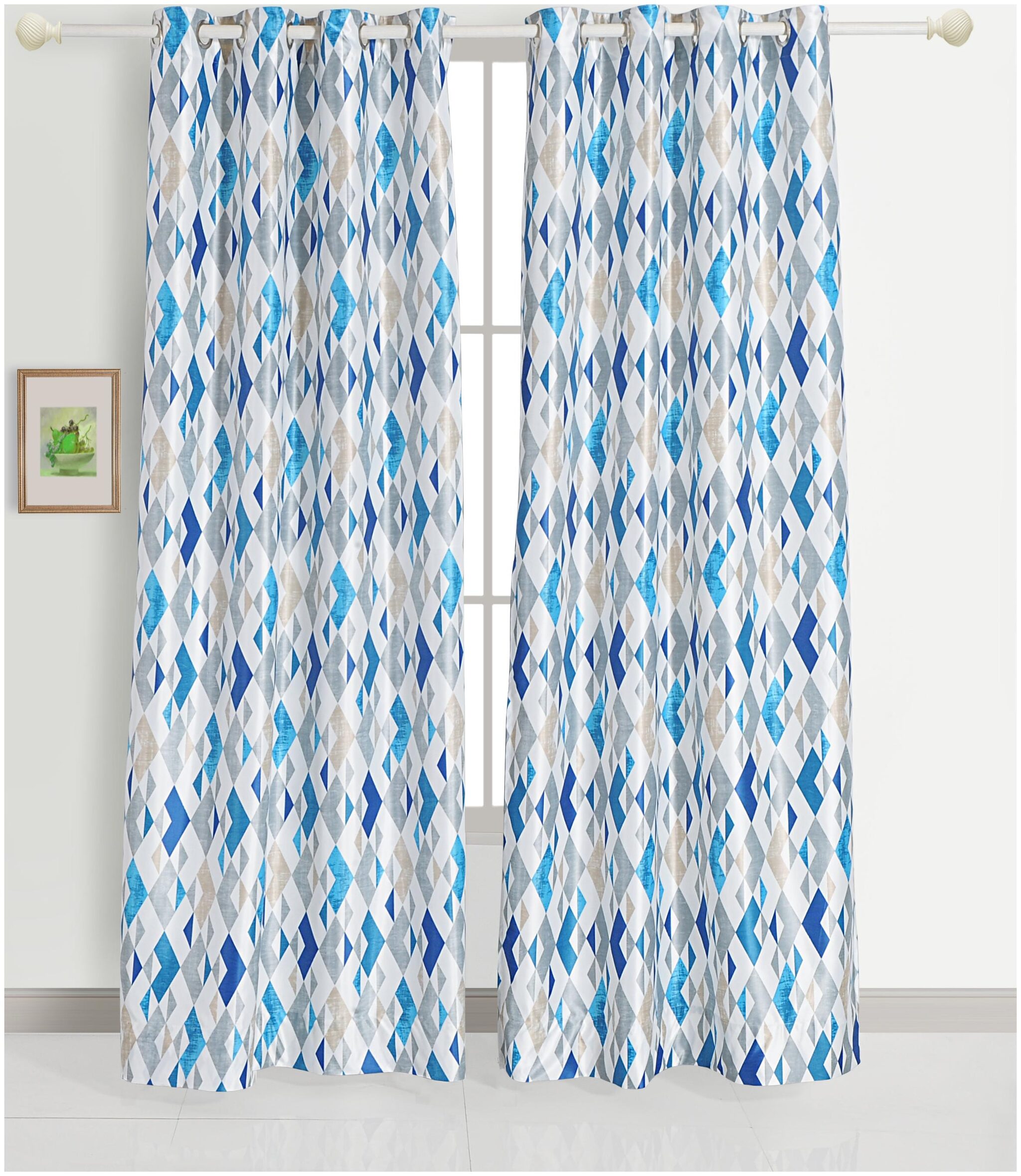 

GRAND OPAL Silk Door Room Darkening White Blue Regular Curtain ( Eyelet Closure Geometric )