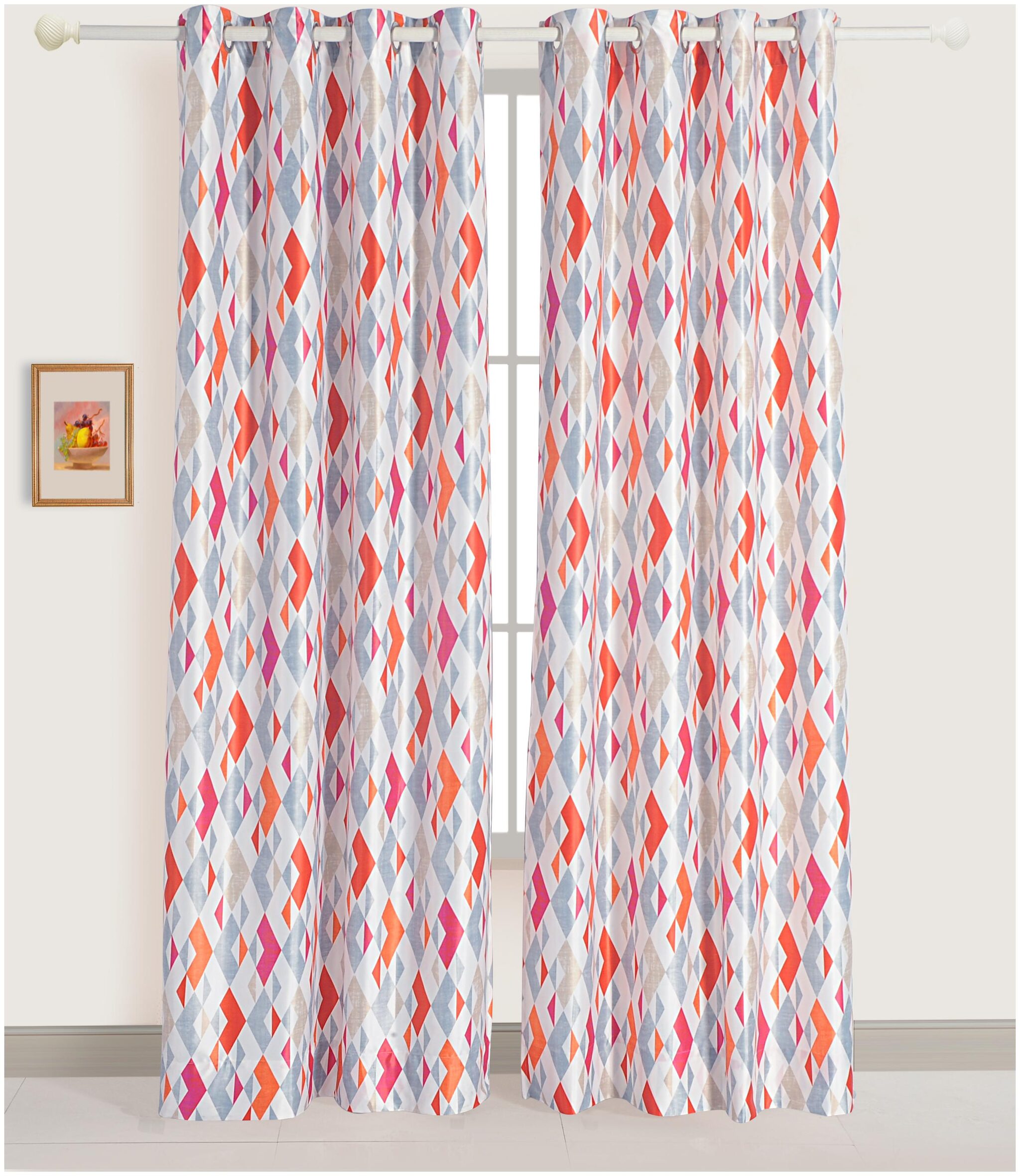 

GRAND OPAL Silk Door Room Darkening White Orange Regular Curtain ( Eyelet Closure Geometric )