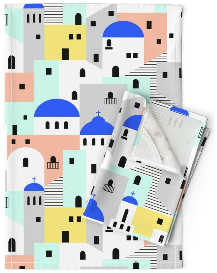 

Greek Isles Houses Greece Geometric Linen Cotton Tea Towels by Roostery Set of 2