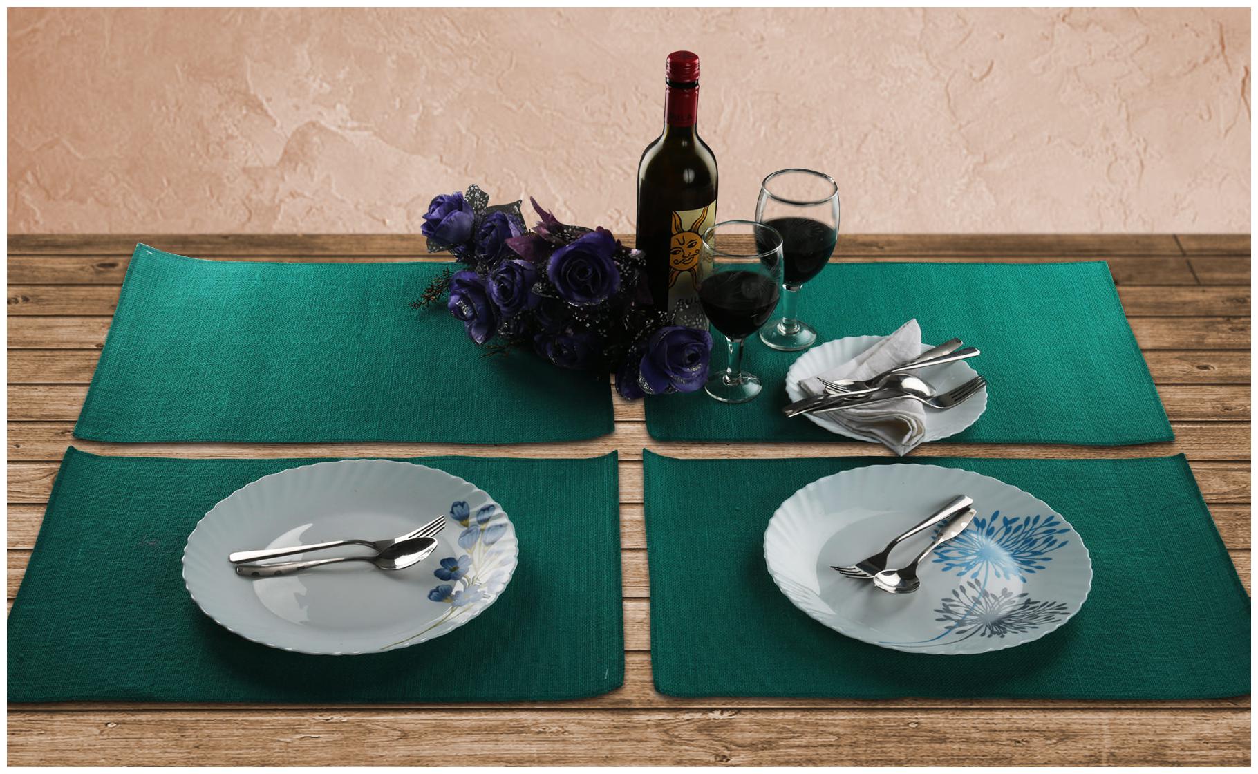 

Green Colored 48 26 cm (19 inch) x 33 02 cm (13 inch) Solid Pattern Jute Yarn Dyed Back side Laminated Set of 4 pcs Table Placemat Set by Rajrang