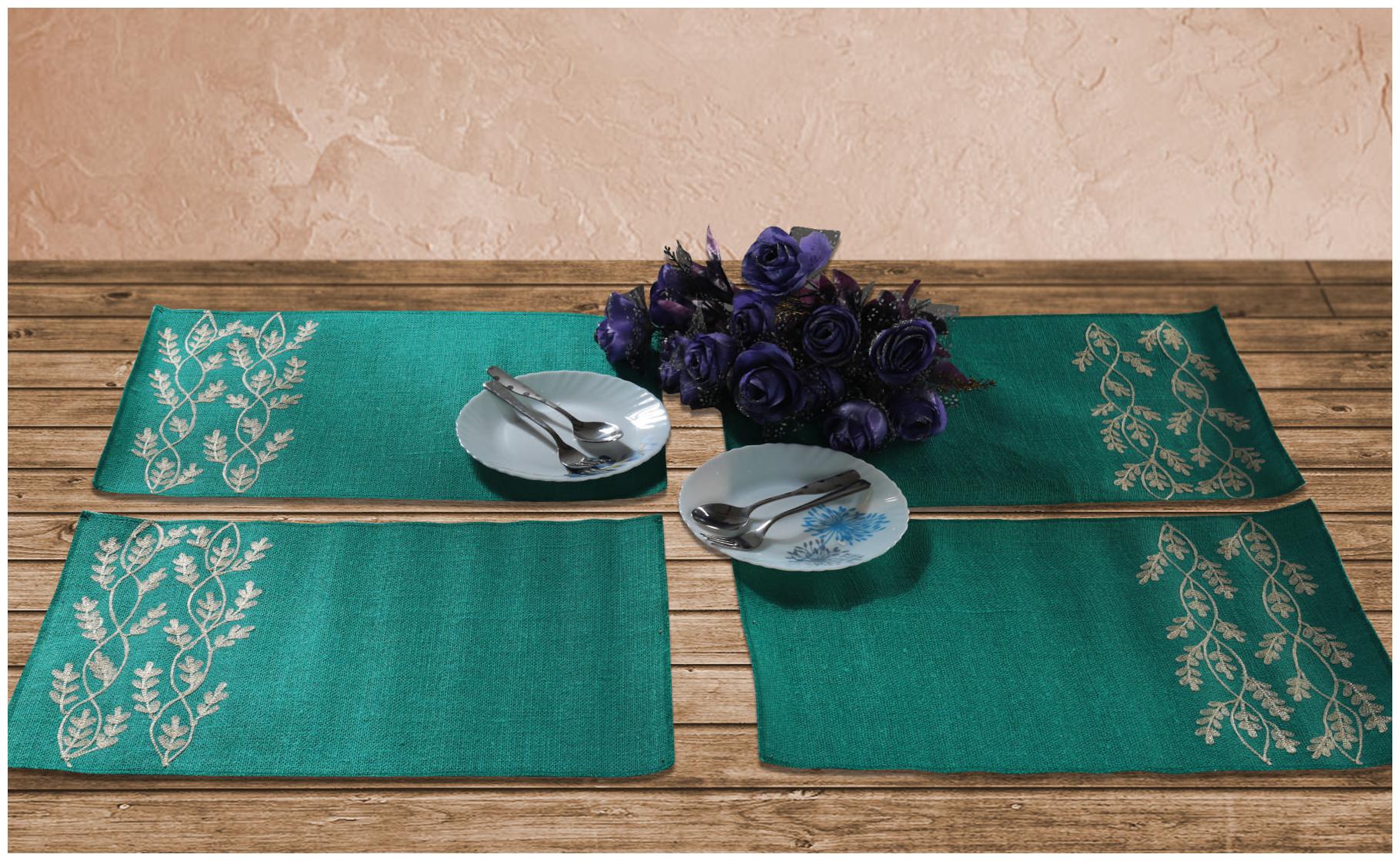 

Green Colored 48 26 cm (19 inch) x 33 02 cm (13 inch) Leaves Pattern Jute Embroidered Back side Laminated Set of 4 pcs Table Placemat Set by Rajrang