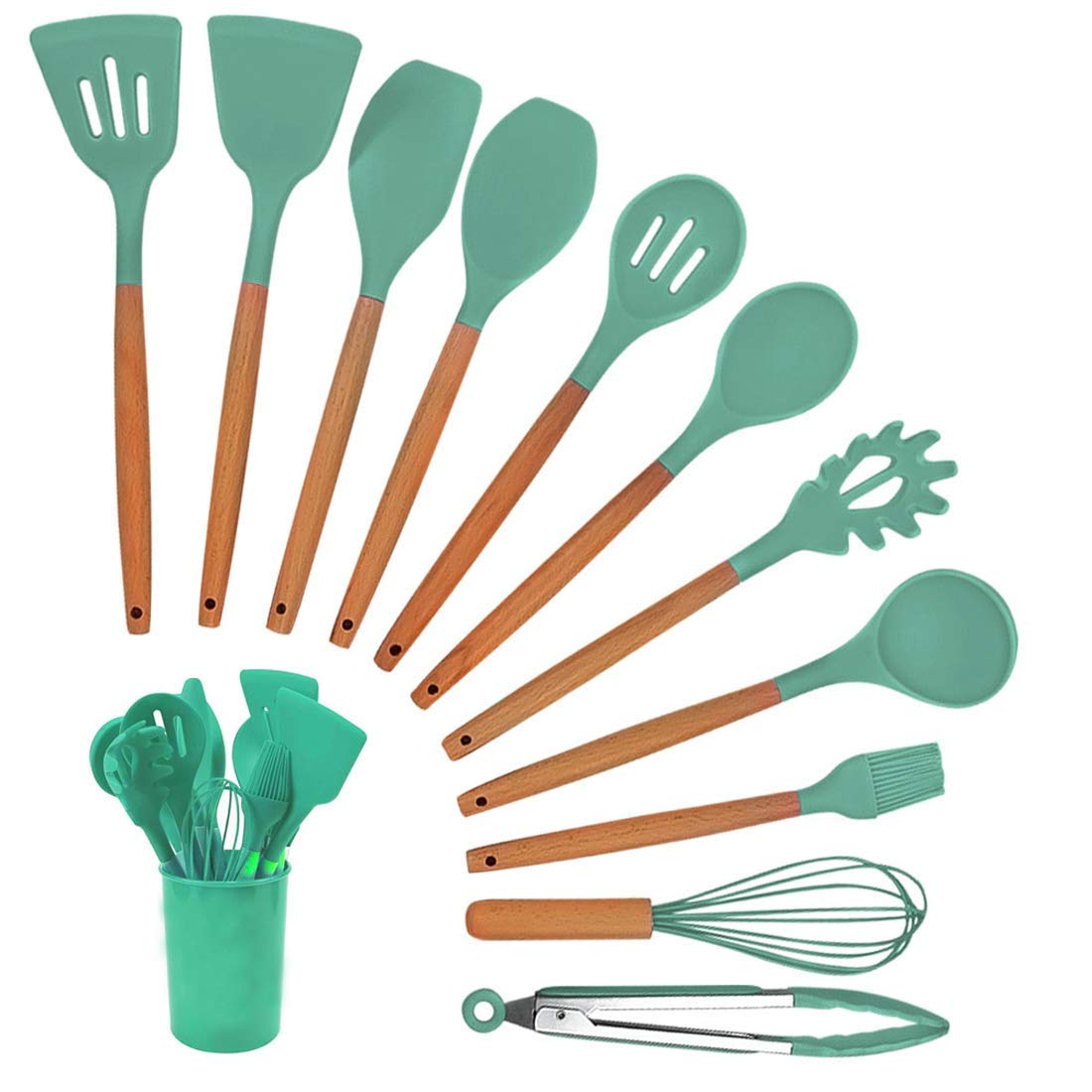

GTC 12pcs Wooden Handle Silicone Coking Spoon Set High Temperature Resistant Silicone Spatula Kitchen Utensils (Sea Green)
