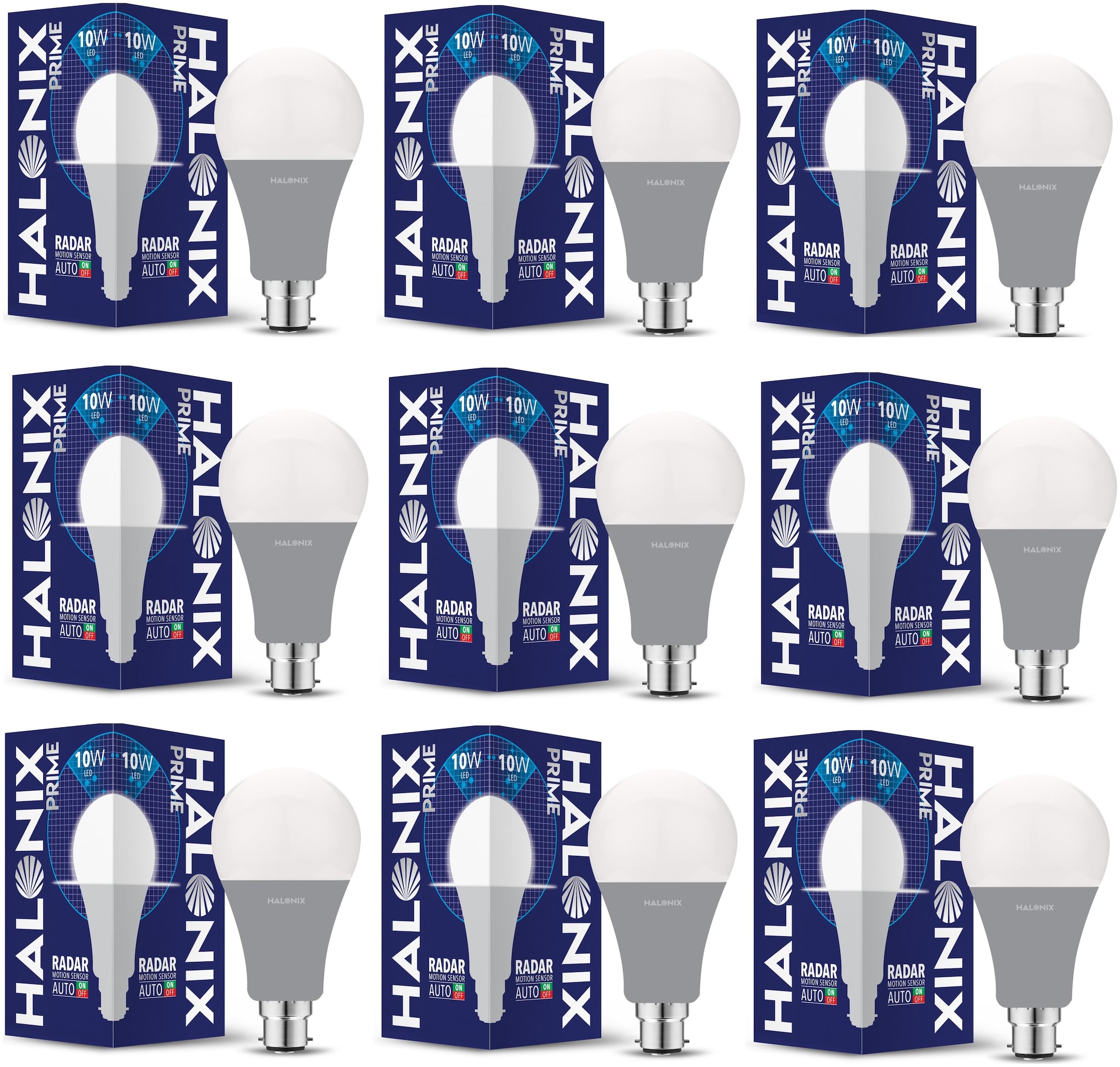 

Halonix 10W Radar Motion Sensor B22 Led Bulb Cool day Light (Pack of 9)