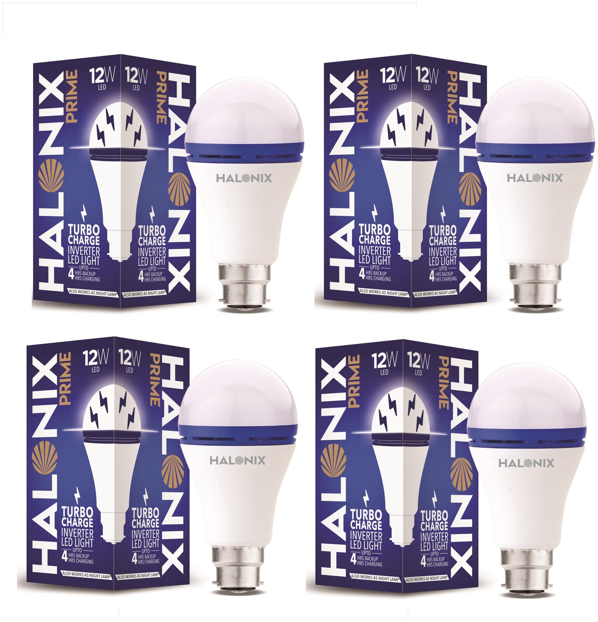 

Halonix 12W Turbo Rechargeable Inverter Led Bulb B22 Cool day Light (Pack Of 4)