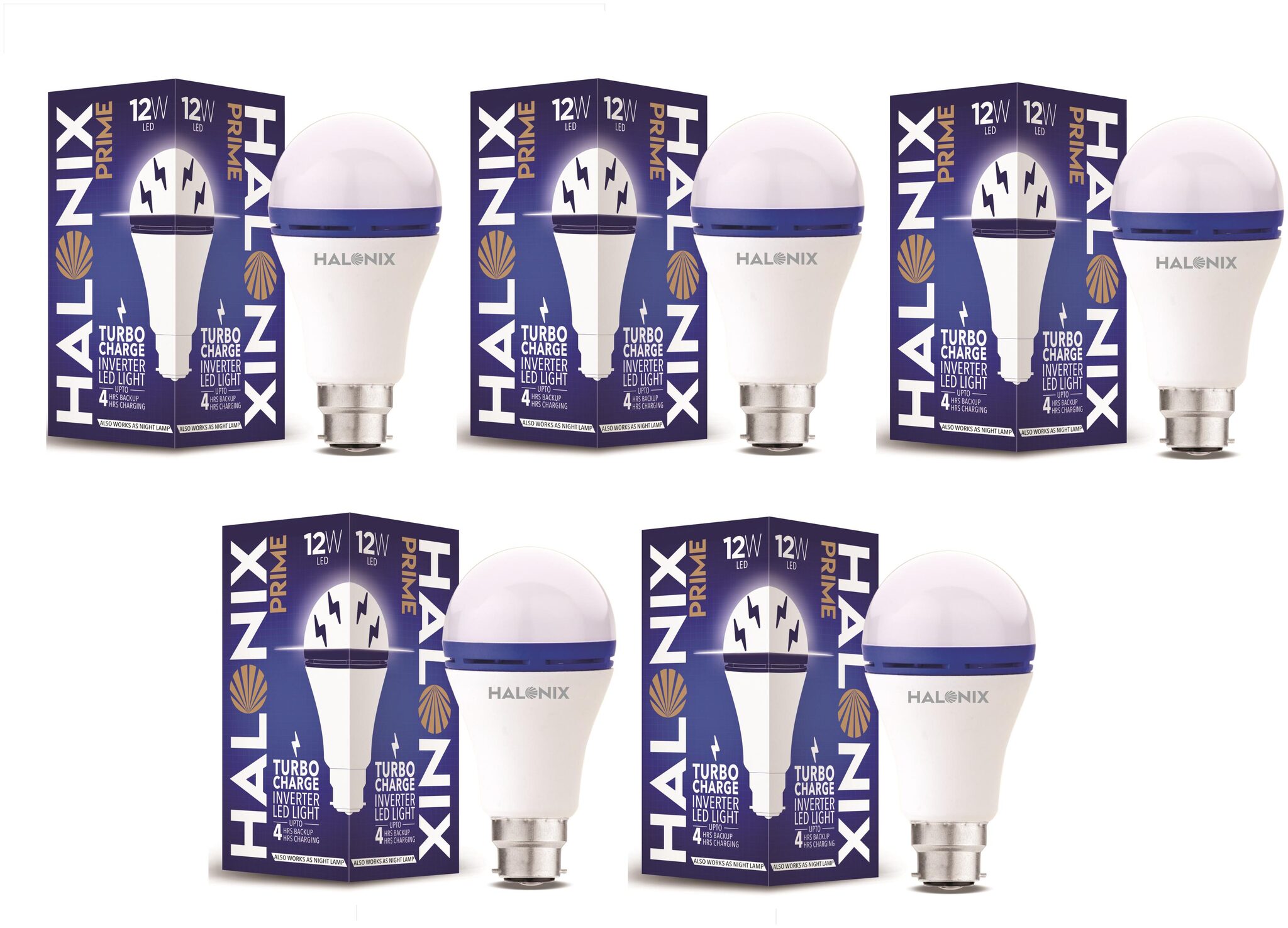 

Halonix 12W Turbo Rechargeable Inverter Led Bulb B22 Cool day Light (Pack Of 5)