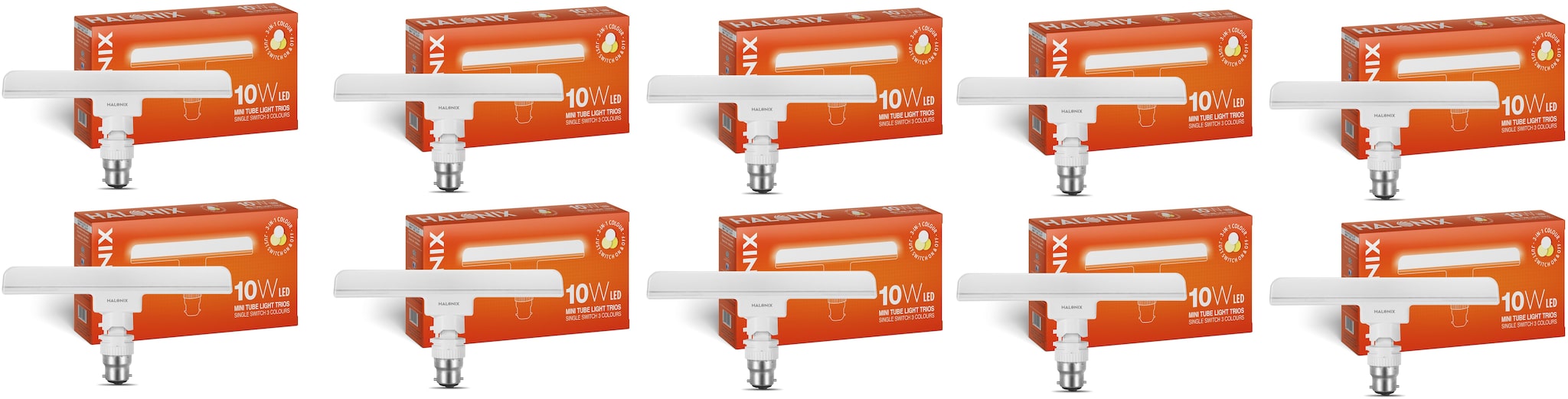 

Halonix T-Light Trios Base B22 10-W 3 In 1 Colour LED Tube Light (Pack of 10)