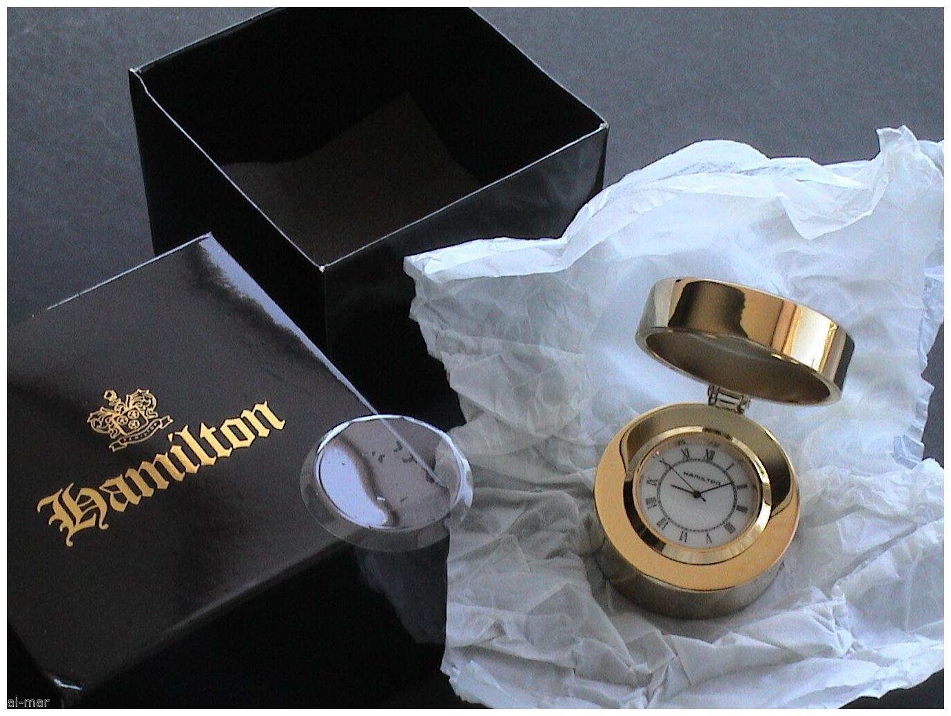 

HAMILTON DESK CLOCK WATCH SOLID POLISHED BRASS w HINGED TOP SWISS QUARTZ MVMNT