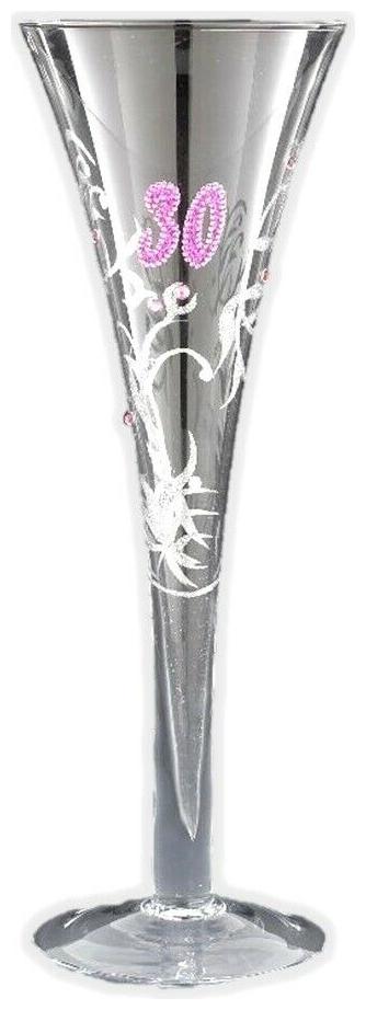 

Hand Blown Clear Champagne Flute 30 Happy Birthday Pink Glitter Tall Wine Glass