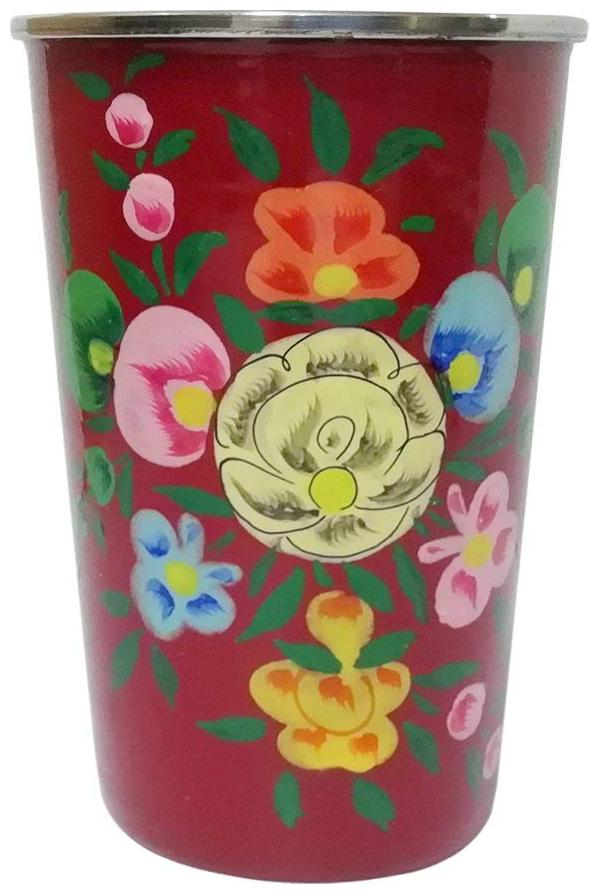 

Hand Painted Paper Mache Steel Drinking Glass Beautiful Flower Design Glass(Red)